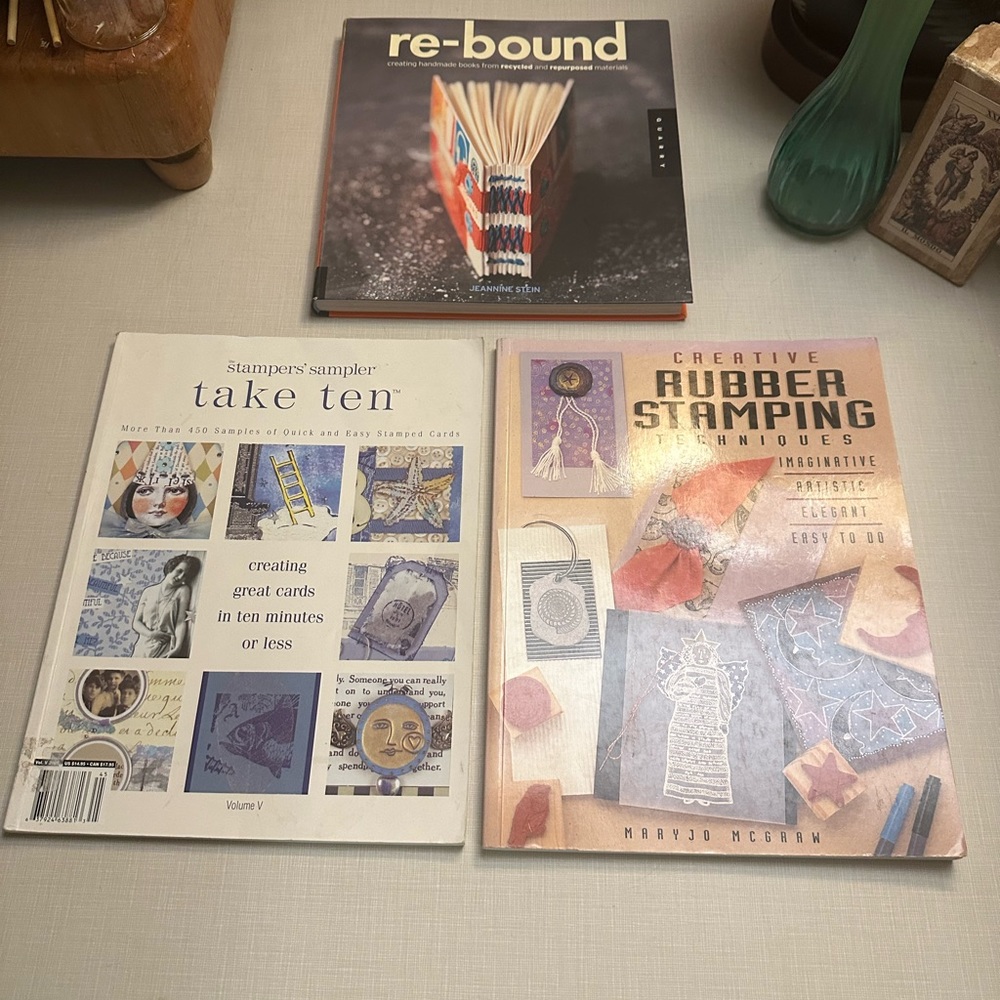 Three books: crafts, handmade books, stamped cards, stamping
